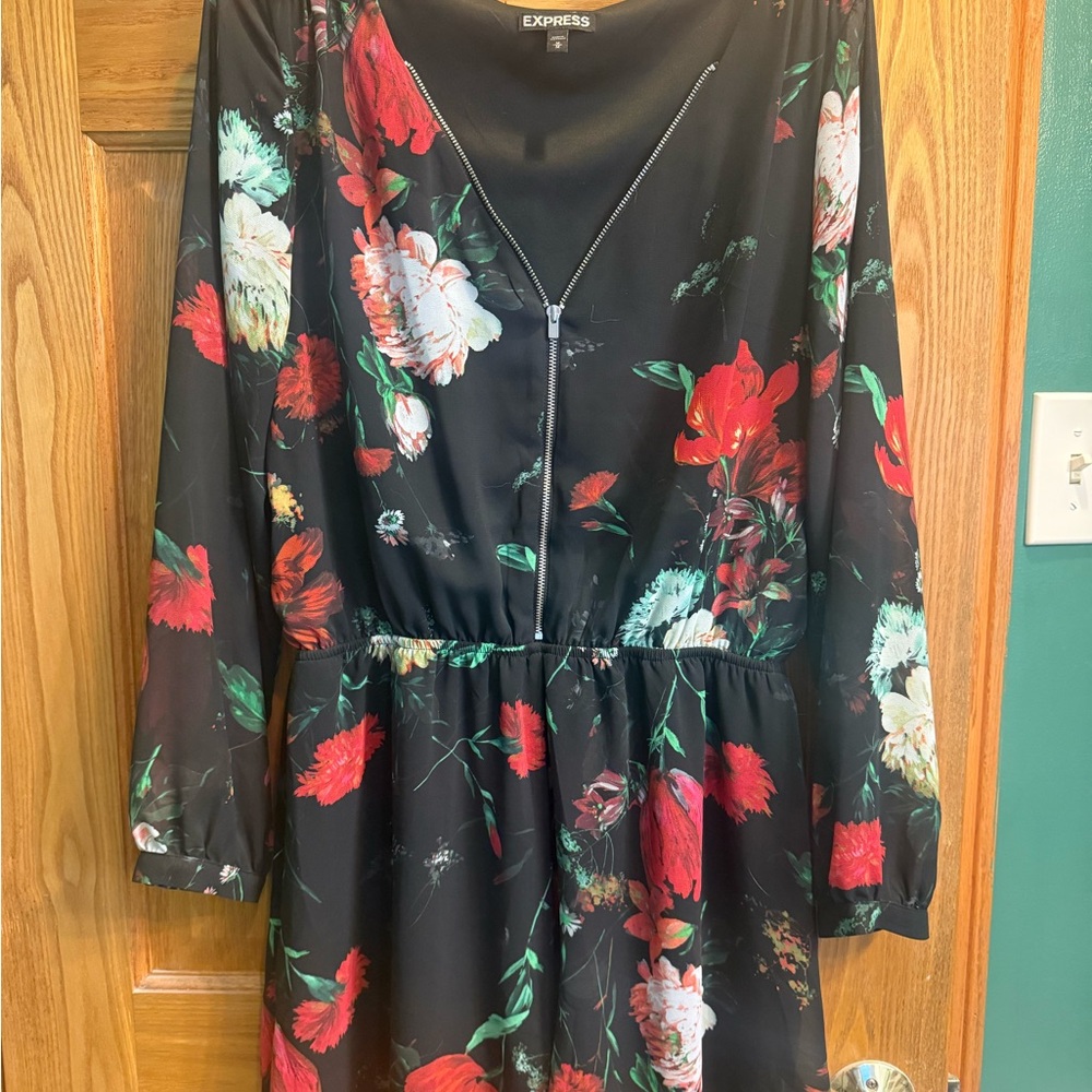 Express Black Romper with Red and Green Floral Design
